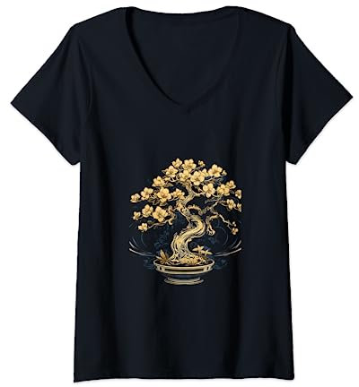Orchidee Blume Bonsai Japanische Baumpflanzen Gartenarbeit T-Shirt mit V-Ausschnitt
