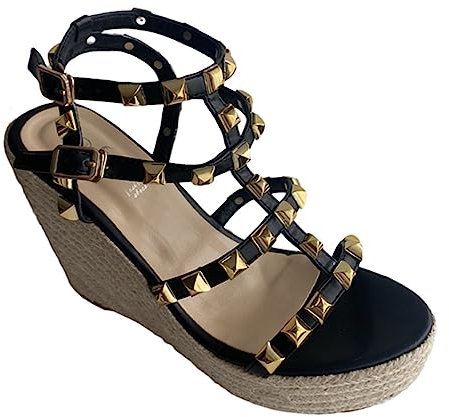 Keilsandalen für Damen, Grasweben, Plattform, Sommer-Strandsandalen mit Schnalle, Peeptoes, Outdoor, Vintage, atmungsaktiv, rutschfest, Sandalen,Schwarz,36