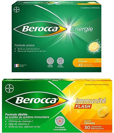 Berocca® Immunité Flash Sélénium, Fer + Berocca® Energie Orange - Multivitamines et Minéraux - Vitamine C et D - Zinc - Complément alimentaire 30 + 45 cp effervescents - NE PAS ASSOCIER