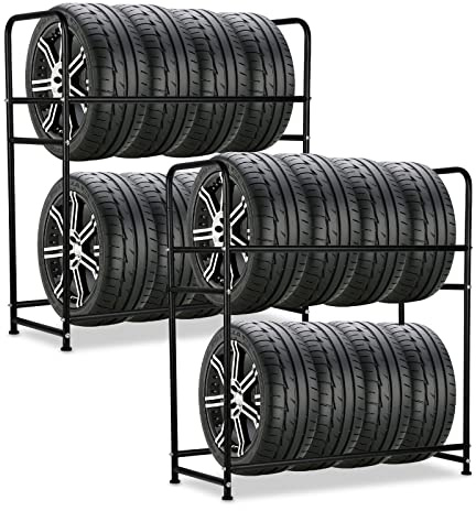 Jopassy Reifenregal 8 Reifen, 2X Reifenständer 107 x 46 x 117cm,Felgenbaum für Autoreifen Ladekapazität 180kg,Felgenregal mit Reifenschutzhülle,für Keller Werkstatt,Höhenverstellung Lagerregale