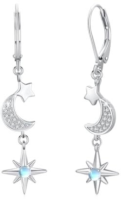 MEDWISE Mondstein Hängend Ohrringe 925 Sterling Silber Mondstein Stern Mond Tropfen Ohrringe Stern Mondstein Schmuck Geschenk für Frauen Mädchen Tochter Damen Mama Geburtstag