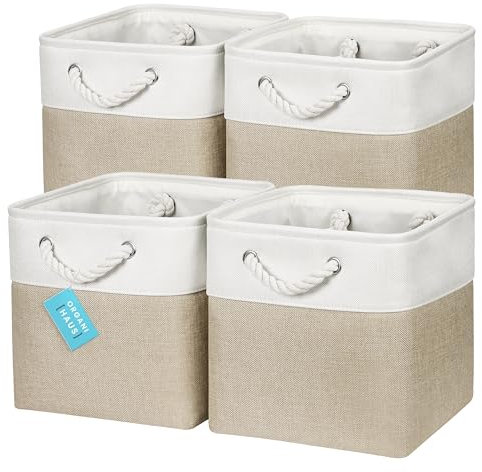 OrganiHaus 28x28 Cube Storage Bins Set of 4, Fabric Cube Baskets for Storage Shelves, Foldable Storage Cubes for Kallax Organizer Cube Bins w Rope Handles, Cubby Bins for Nursery Decor Beige/White