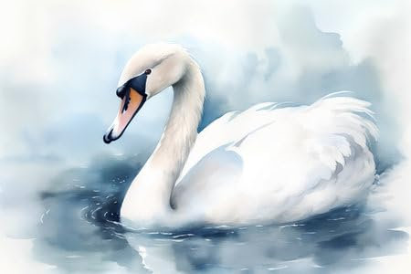 adrium Acryl-Bild 90 x 60 cm: Weißer Schwan schwimmt im Wasser. Digitale Aquarellmalerei. (212237970)