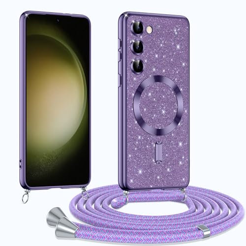 Phoona Coque pour Samsung Galaxy S23 5G avec Cordon, Etui à Paillettes Compatible avec MagSafe, Antichoc Protection Coque pour Magnétique avec Réglable Collier, Pourpre