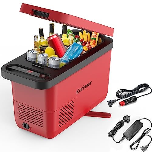 Karinear Car Fridge Red,12v Camping Fridge,16L Compressor Fridge Portable Plug-in Electric Cooler Box for Camping,Truck, RV, Boat, Picnic, Outdoor Travel/ -18℃-10℃