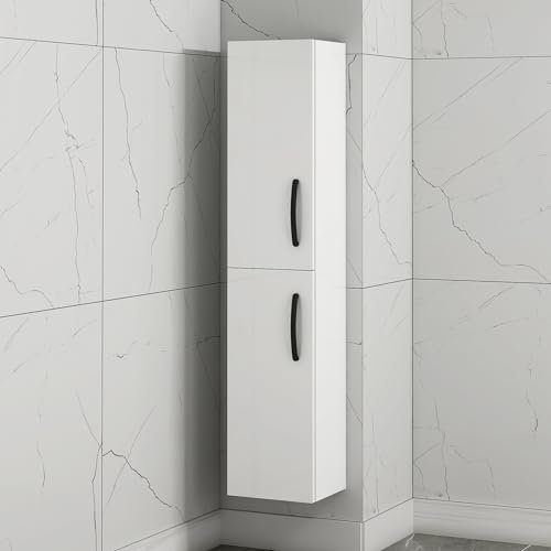 Turin 1450mm Gloss White 2 Door Wall Hung Tall Boy Bathroom Cabinet Storage Unit Black Handle