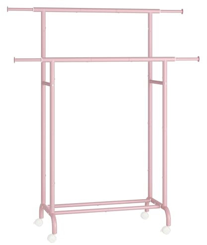 SONGMICS Clothes Rail, Double Clothes Rack on Wheels, Extendable Garment Rack, Heavy-Duty Metal Frame, 80 kg Total Max. Load, 83-120 cm Wide, Jelly Pink HSR133R01