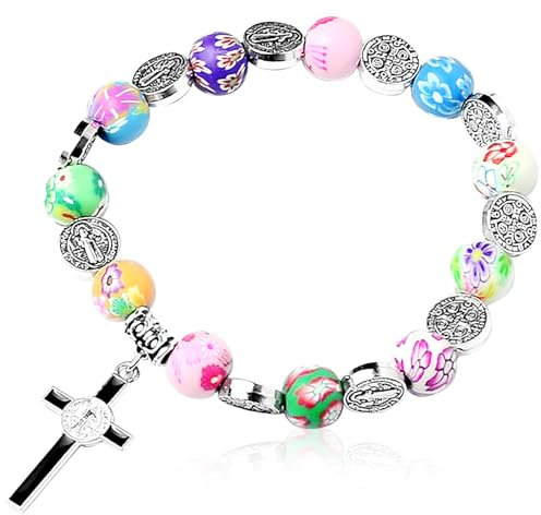 Simsky Bracelet de Communion avec Croix, Bracelet Croix, Bracelet de Perles Colorées et Carte de Communion, Cadeaux de Première Communion Bracelet de Perles, Cadeaux pour Filles, Garçons, Enfants