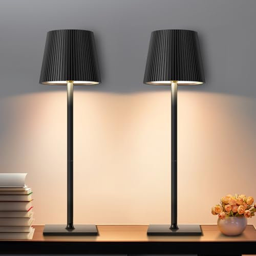 Riokko Dimmbare led akku tischleuchte mit 5200mAh, Tischleuchte Kabellos Touch Dimmbar 3 Farbtemperatur Aluminium Outdoor Tischlampe IP54 wasserdicht für Restaurant, Schlafzimmer (2 Stück Schwarz)