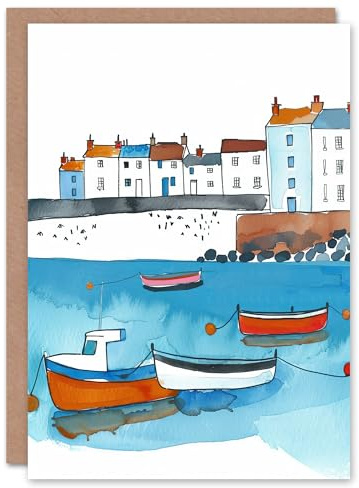 Artery8 Personalised St Ives Bay Boats Coastal Cityscape Watercolour For Him Or Her Art Birthday Card