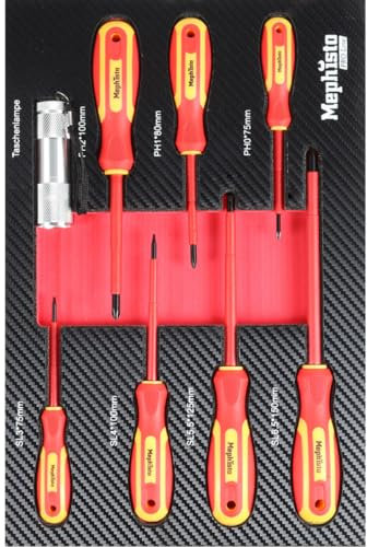 Mephisto Werkzeugeinlage Werkzeug Set Pro Line Werkstattwageneinlage mit VDE Elektriker Schraubendreherset mit LED Lampe in Soft Inlay in Carbonoptik