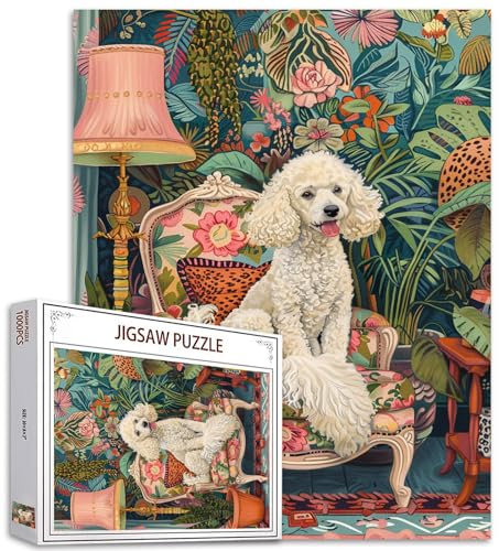 White Moyen Pudel auf Couch Jigsaw Puzzles für Erwachsene 1000 Stück,Pet Dog Botanical Art Jigsaw Puzzle Bunte DIY Craft Puzzles für Home Decoration Geschenkidee,Family Puzzle Perfekt für Spieleabende