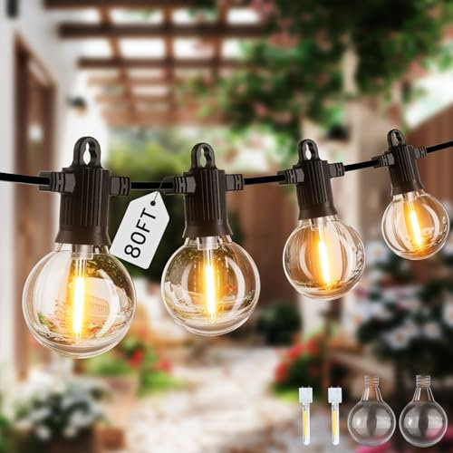 ZOTOYI IP65 Waterproof Festoon Lights - 24M/80FT Outdoor Garden Mains Powered With 35+2 G40 Shatterproof Energy Saving LED Bulbs - 2700K Warm White Pergola