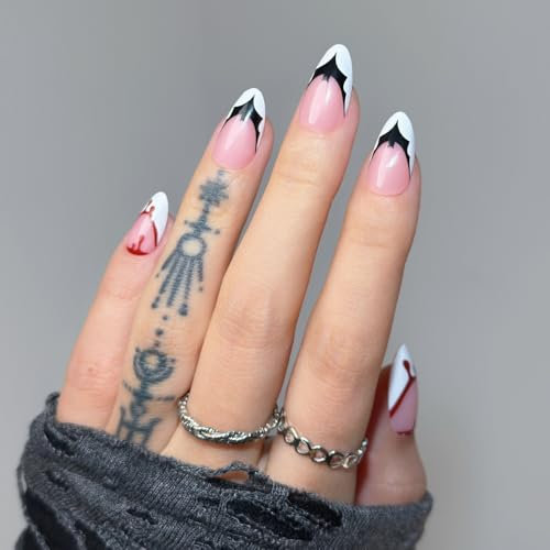 Ellie Vincy Press On Nails - Midnight Kiss | Halloween, Short Almond Shape, Reusable Nails in 15 Sizes - 30 Nail Kit with Glue and Sticky Tabs