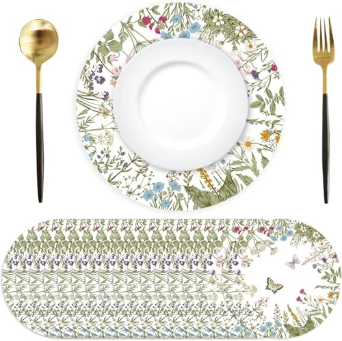 50 Stück Antike Kräuter Wilde Blumen Papier Platzsets rund Papier Tischsets Retro Blumen Einweg Platzsets rund 34 cm, für Tisch Küche Esszimmer Urlaub Party Dekor