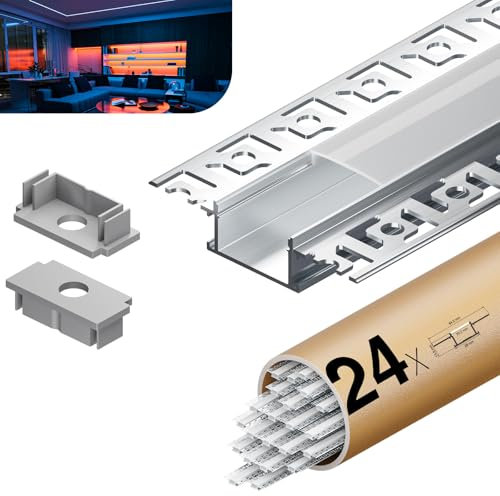 KOSOOM Led Profil Trockenbau für LED Streifen 24 x 2 m, Aluminium Profil für Wände und Decken 48 m Led Unterputz Profil Größe 28 x 13,8 mm Lamellen 64,2 mm für Stripes bis 20,2 mm geeignet