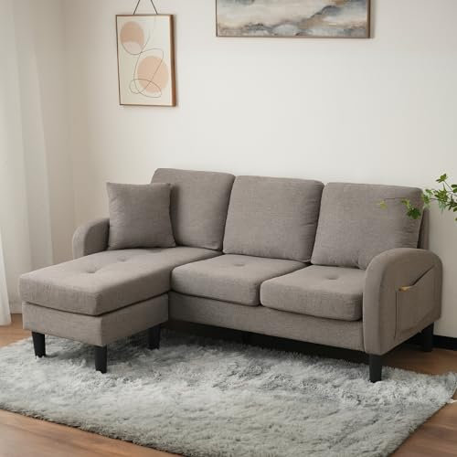 KAZZIO L-förmiges Ecksofa mit Chaiselongue – 3-Sitzer Sofa, Atmungsaktiver Baumwoll-Leinenstoff, Kunststoffbeine, Modulares Design, Ideal für Wohnzimmer, Apartments und Büros (Antike Dunkelgrau)