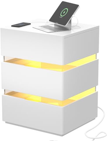 LEADZM Nachttisch mit LED-Beleuchtung,16 LED Farben mit Ladestation und USB-Anschlüssen,3 Schubladen Beistellschrank Nachtschrank Weiß (1, Weiß)