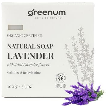 Greenum Bio Lavendel Seife mit getrockneten Lavendelblüten - Beruhigend & Verjüngend - 100g - Naturseife - Zertifizierte Bio-Kosmetik - Vegan