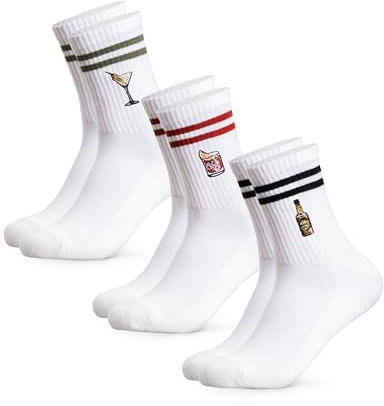 Occulto Damen & Herren Motiv Tennissocken mit Streifen 3er Pack (Modell: Summer), Statement Tennis Socken Drinks 2 35-38