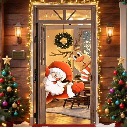 YDUNARISE 200 x 90 cm Türdeko Weihnachten,Weihnachtsdeko Haustür,Weihnachtsmann & Rentier Türbanner mit 4 Aufhängelöchern,Wiederverwendbar Hintergrund Banner für Haustür Deko (Bunt-A)