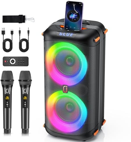 HWWR Karaoke Maschine mit 2 Mikrofonen, All-in-One Karaoke Anlage mit 5,25 Tieftöner, Echo-Anpassung, kräftigem Bass, Karaoke-Modus, TWS, TV & Gitarrenanschluss für Familie,Gartenparty,Geburtstag,BBQ