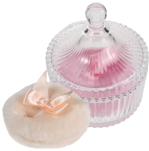 LALADEFIEE Set de 2 Houppettes en Peluche Beige et Rose avec Boîte de Rangement en Verre, Douce et Facile à Saisir, Applicateur pour Bébé et Maman