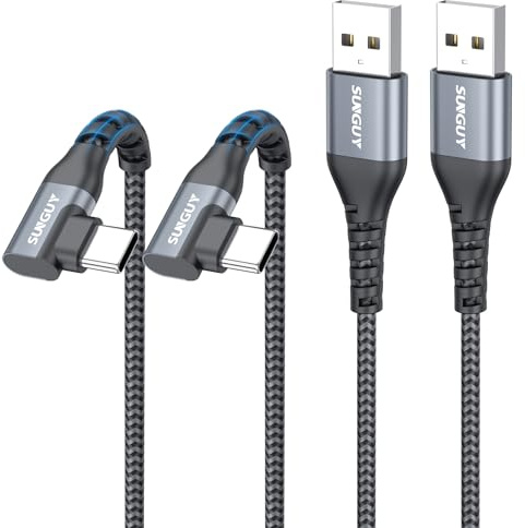 SUNGUY Cable USB A USB C 0.3M [2Pack], 90 grados Cable USB Tipo C 3A QC3.0 Carga Rapida transferencia para iPhone 17/16/15 Pro Max, Galaxy S25 S24, Pixel, iPad