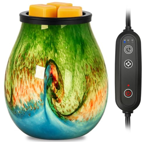 Wax Melt Warmer for Scented Wax, Electric Glass Oil Burner with Removable Silicone Dish and Stable PTC Heating Element, 7 Colors Changing LED Light Wax Melts Burner for Home Décor Gift (Green Timer)