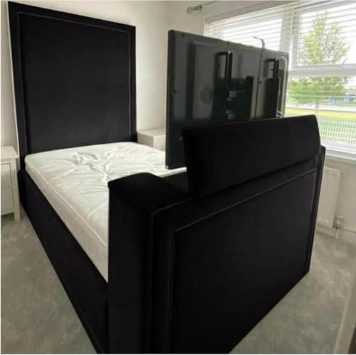ark future Ottoman Gas Lift TV Bed Frame – Upholstered Plush Velvet Storage Bed with Remote Control TV Lift Mechanism, Modern Bedroom TV Bed (Black, 4ft Small Double Without Gas Lift Storage)