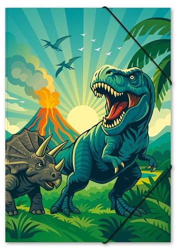 itenga Zeichenmappe DIN A3 mit Motiv aus KARTON - Motivauswahl für Jungen - Gummizugmappe Sammelmappe - für Kinder Jugendliche Schüler (Dinosaurier - DINO WORLD)