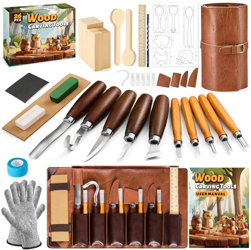 Woodworking Tools Set, 28 Pcs Deluxe Hand Tool Kit with Luxury Leather Case | Includes 10 carving tools, 6 basswood blocks, stickers & cut-resistant gloves. Ideal for beginners, adults, and teens.