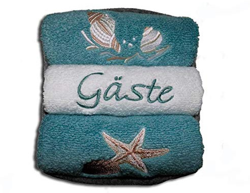 Gästehandtücher bestickt mit Seestern und Muschel-Motiv 3er-Set Frotteetuch im grauen Filzkörbchen als Geschenk - Hochwertige Qualität