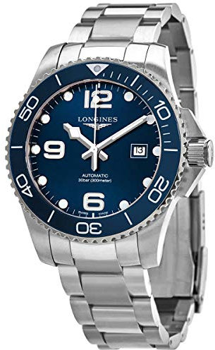 Longines Herren Uhr HydroConquest L3.782.4.96.6, Silbernes Edelstahlgehäuse mit Band, Wasserdicht bis 300 m, Nautisch, Blaues Zifferblatt, Automatikwerk, Tauchen, Herren Uhren