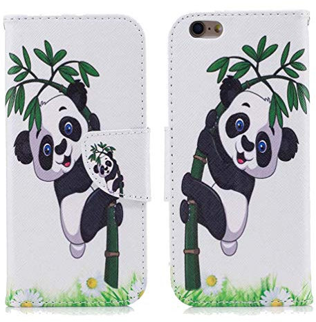 AIFILLE Handyhülle für iPhone 6S Hülle Weiß Lederhülle mit Standfunktion und Karte Halter Bargeld Tasche Silikon TPU Brieftasche Tier Panda und Bambus Schutzhülle für iPhone 6/ iPhone 6S 4.7 Zoll