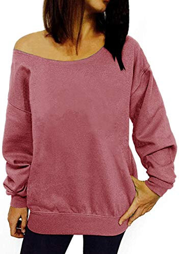 GSVIBK Langärmeliges Damen-Sweatshirt, schulterfrei, weich, Oberteil, lässig, einfarbig., 2-Begonie Rosa, XX-Large