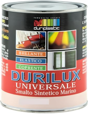 DURIPLASTIC Durilux Smalto Universale Sintetico Marino Lucido, Protezione per Legno e Ferro, Finitura Brillante, Resistente agli Agenti Atmosferici, Bianco 500 Ral 9010, 0,750 L