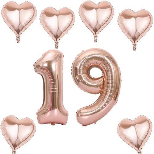 Roségold Zahlen Luftballon 19 +6 pcs herz Heliumballon 19. Geburtstag Deko für Mädchen,40 Roségold Riesen Folienballon 19 für 19 Jahre Geburtstag deko, Helium Zahlenballon 19