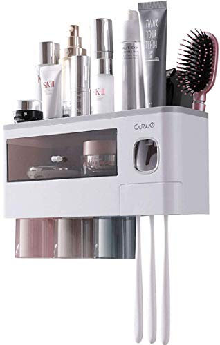 TuCao Automatischer Zahnpastaspender Wand platzsparendem Zahnbürstenhalter für Badezimmer, 3 transparente magnetische Becher, 6 Zahnbürstenschlitze, 1 Kosmetik-Organizer-Schublade (3 Tassen)