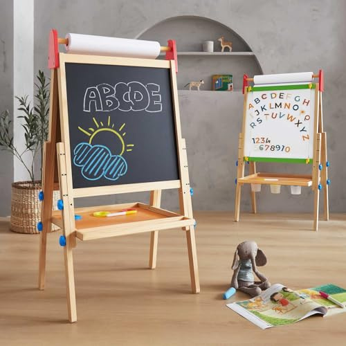 Tiny Land Wooden Easel for Kids, Art Easel with Chalkboard & Whiteboard | Sturdy solid pine frame, 2 drawing paper rolls, Double-sided board, 3 adjustable heights, Art Learning Toy for Ages 3-12