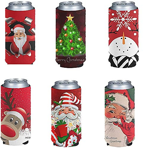 Jeiento Christmas Decorations Can Sleeves - Neoprene Bottle Insulator Sleeve Set of 6 Can Beverage Coolers for 12-16oz Energy Drink & Beer Cans