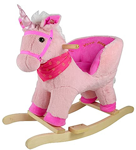 Sport1 Schaukeltier Einhorn mit Sound Schaukelpferd für Kinder + 10 Monate aus Plüsch und Holz Soundeffekte Kinder 68x33x50cm Komfortsitz mit integrierter Rückenlehne Rosa Geschenkidee