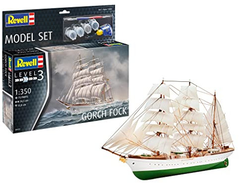 Revell Juego de modelo 65432 Gorch Fock escala 1:350 sin construir/sin pintar kit de modelo de plástico con pegamento profesional Contacta, pincel y pinturas de color aguamarina seleccionadas