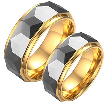 Ring Partner Set, Eheringe Wolframcarbid Vergoldet Facettenreich 8mm zum Hochzeitstag des Paares
