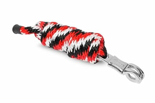 Start Führstrick Pferd 2 m – Robuster Anbindestrick mit Panikhaken oder Karabiner – Reißfest & Wetterfest – Führseil für Stall, Bodenarbeit & tägliches Training (Schwarz/Rot/Weiß, Panikhaken)