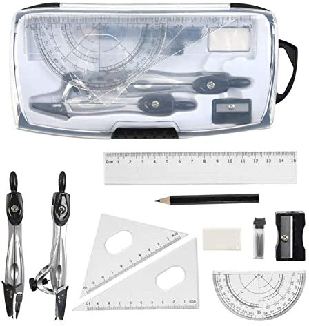 BAtlam Zirkel-Set Geometrie 10 Geometrie-Set mit Zirkel, Bleistiftmine, Lineal, Anspitzer, Bleistift und Radiergummi für das Schulbüro Schüler-Mathematik-Zeichnung