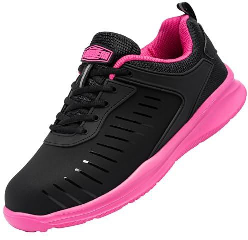 LARNMERN Safety Trainers Waterproof Steel Toe Cap Trainers Men Women Puncture Proof Safety Shoes Comfortable Lightweight Breathable(Black Rose,6UK)