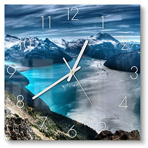 DEQORI Glasuhr | 30x30 cm | Motiv Blick auf Lake Garibaldi | ausgefallene leise Design Uhr aus Glas | Wanduhr für Wohnzimmer & Küche | moderne Hingucker Uhr für die Wand