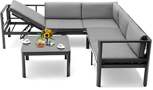 COSTWAY Salon de Jardin en Aluminium 3 Pièces avec Dossier Inclinable à 6 Niveaux, Ensemble de Canapé de Patio Plateau de Table en Verre Trempé, Coussins de Siège et Dossier Inclus (Gris)