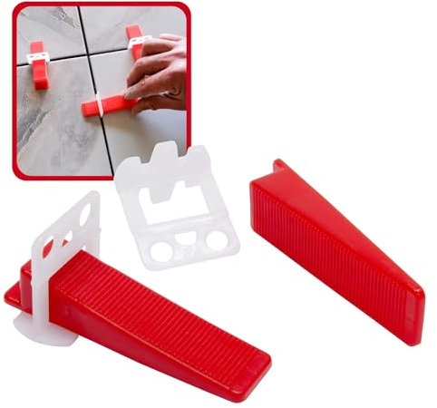 Dalsys Fliesen Nivelliersystem 2mm Set: 200tlg., 100 Laschen + 100 Keile, Verlegehilfe Set, Fliesenleger Werkzeug